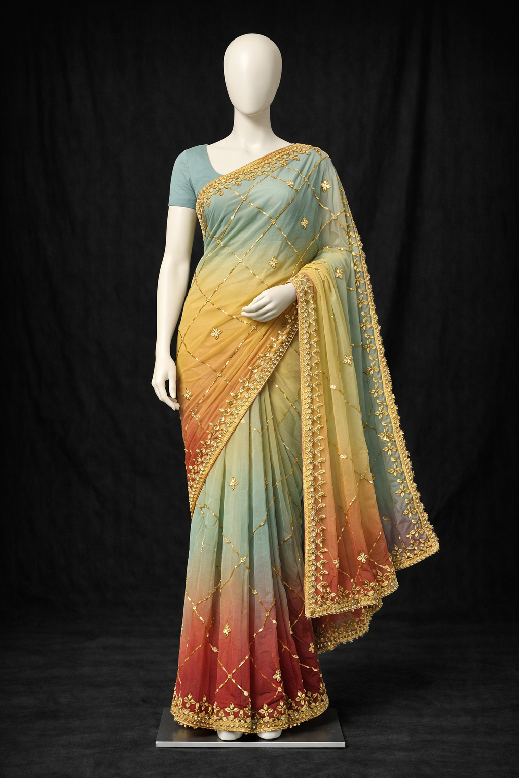 Gota Zal Hand Work Saree Double Shade - Image 1